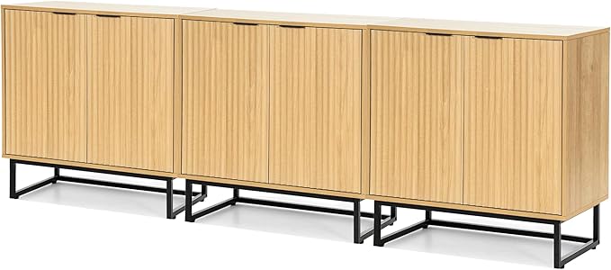 Fluted Storage Cabinet Set of 3,Sideboard Buffet Cabinet with Adjustable Shelves,Multifunctional Console Table with Storage Credenza Accent Cabinet for Living Room, Dining Room, Natural Oak