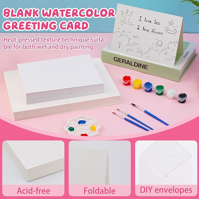 LUNARM Watercolor Cards with Envelopes 50 Sets Blank 5 x 7 in Foldable Postcards, 140lb/300GSM Greeting Card Paper for Wedding Invitation, Notecards, Painting cards and Thank-You Cards DIY Craft
