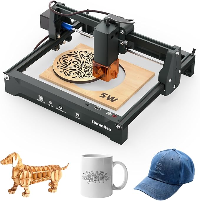 Genmitsu Laser Engraver Machine Kortek 5W, Desktop Laser Cutter, ±0.01mm High Precision, Wireless APP Supported, Portable Laser Engraving Machine for DIY Wood, Acrylic, Leather, Glass, Metal, Fiber