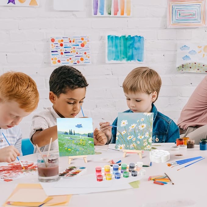 Qilery 24 Set 6 x 6 Inch Canvas Boards and Easel for Painting, Acrylic Paint Strips, Palettes, Brushes, Canvases Painting Kits for Kids Adults Artists Beginners Oil Acrylic Painting Party Favors