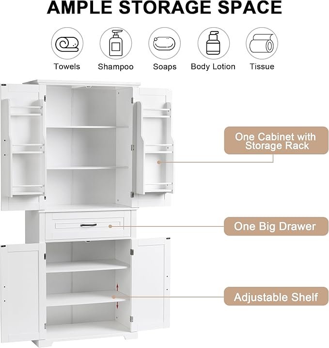 72.2" Storage Cabinet with Doors and Drawers, Tall and Wide Kicthen Pantry Cupboard Home Display Organizer with Door Shelf Rack for Bathroom, Adjustable Shelf, White