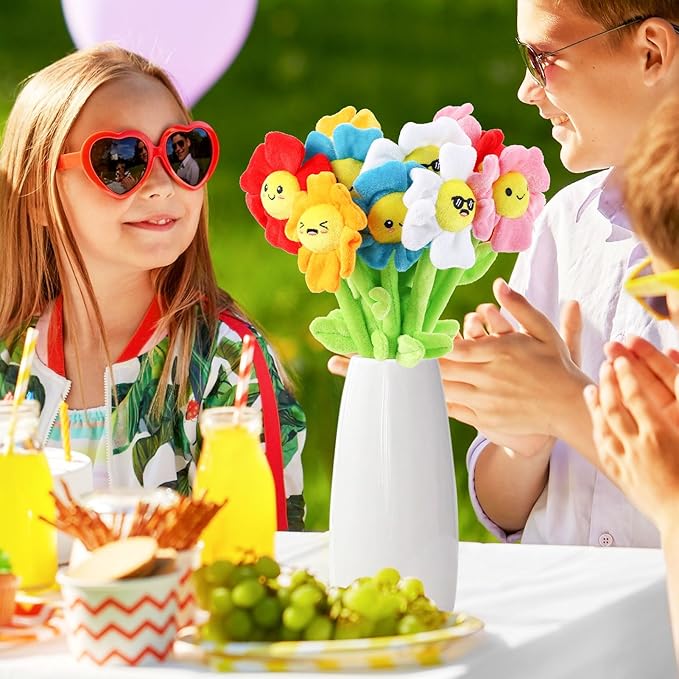 10 Pcs Plush Smile Flower Stuffed Bendable Stems Plush Bouquet Toy Soft Flower 12.6 Inch for Christmas 2025 Mother's Day Girl Girlfriend Wife(Elegant Style)