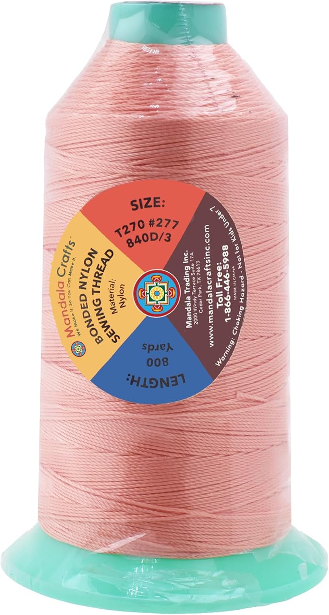 Mandala Crafts Bonded Nylon Thread Blush Heavy Duty Sewing Threads - 800 YDs Size 277 840D T270 Tex 270 Thread for Leather Jeans Weaving Outdoor Marine Upholstery Threads