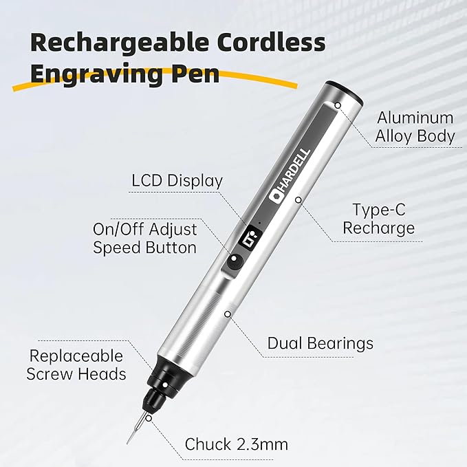HARDELL Engraving Pen, 6 Speed, Rechargeable Engraver Pen for Artists & DIYers, Electric Engraving Tool with 41 Accessories, Engrave 60+ Surfaces, Engraving Pen for Metal, Wood, Glass and Plastic