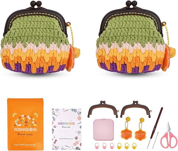 KANALOA Crochet Kits for Beginners - Handmade Craft DIY Knitting Set with Yarn,Hooks,Video Tutorials - Nice Gifts for Adults,Women - Mini Vintage Kisslock Wallet Coin Change Purses Pouch Storage Bag