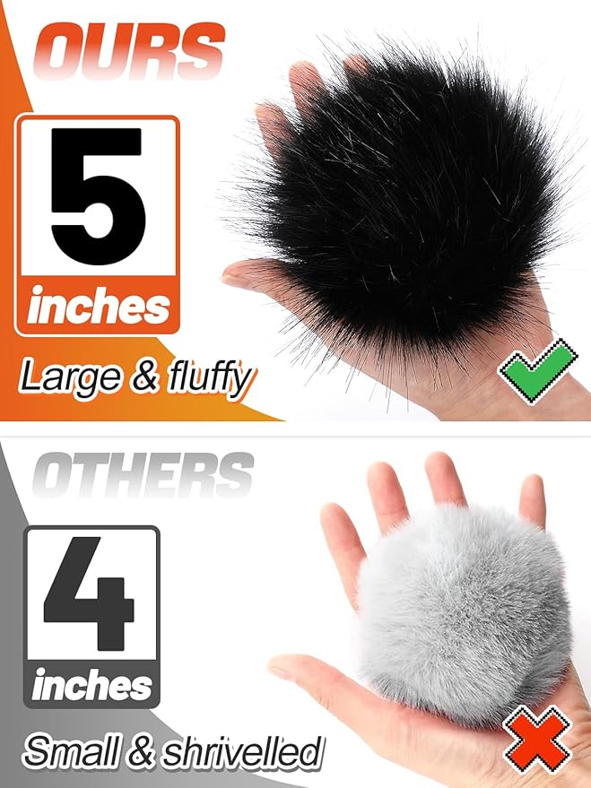 5in Large Black Fluffy Pom Poms Crochet Accessories - 10pcs Faux Fur Pompom Balls Knitting Accessories for Hats, Beanies, Shoes, Scarves, Gloves, Bags, Keychains Charms
