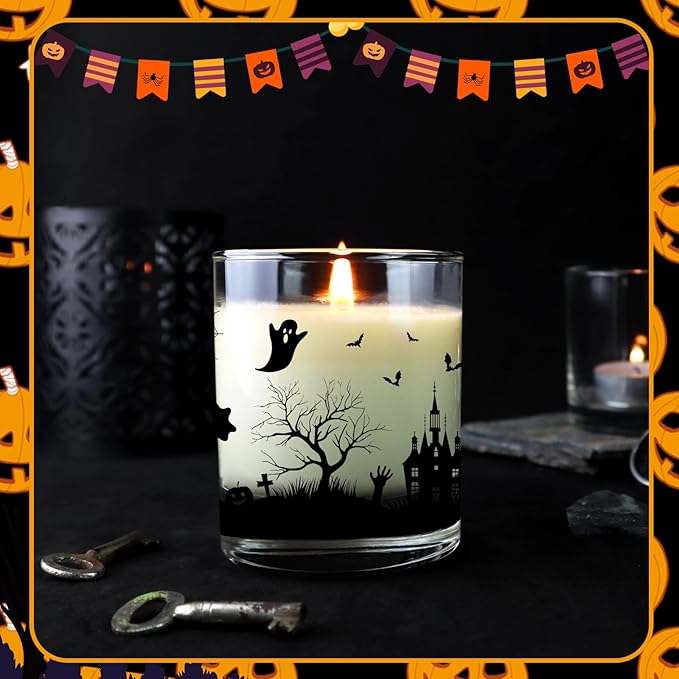 Ziliny 10 Pcs Halloween Village Glass Candle Jars Empty Containers Bulk 7 oz Halloween Glass Jars with Cork Lids Tins for Holiday Candle Making Storing Biscuits Tea Party Favors