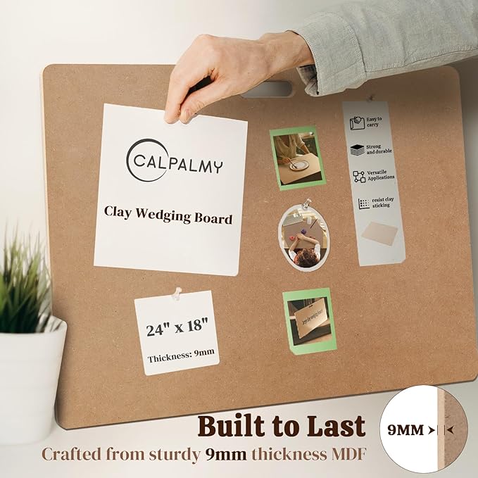 CALPALMY Clay Wedging Board with Convenient Built-in Handle - 24 x 18" Portable Clay Board for Ceramics, Clay Crafts, and Pottery - Sturdy 9mm Thickness MDF Tote Board for Clay Art Enthusiasts