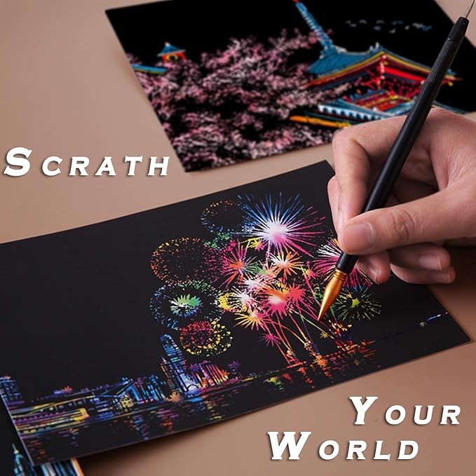 Scratch Rainbow Painting Art Postcards,Scratch & Sketch Art for Kids & Adults,Scratch Painting Creative Gift Engraving Art & Craft Set,Mini Envelope Postcard with 4 Tools,7.9''x5.5''（8 Pack）