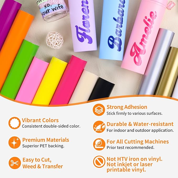 TECKWRAP Permanent Vinyl, Rainbow Sampler - 12in x 5ft Rolls 12 Colors Permanent Adhesive Vinyl Rolls for Cricut, Silhouette, Cameo Cutters, Signs, Scrap-Booking, Craft, Die Cutters