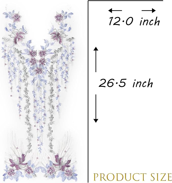 Beaded Pearl Flower Fabric Lace Applique, Floral Embroidered Patches Handmade Sewing Tool for DIY Neckline Bodice Wedding Bridal Prom Dress(Purple-Large)