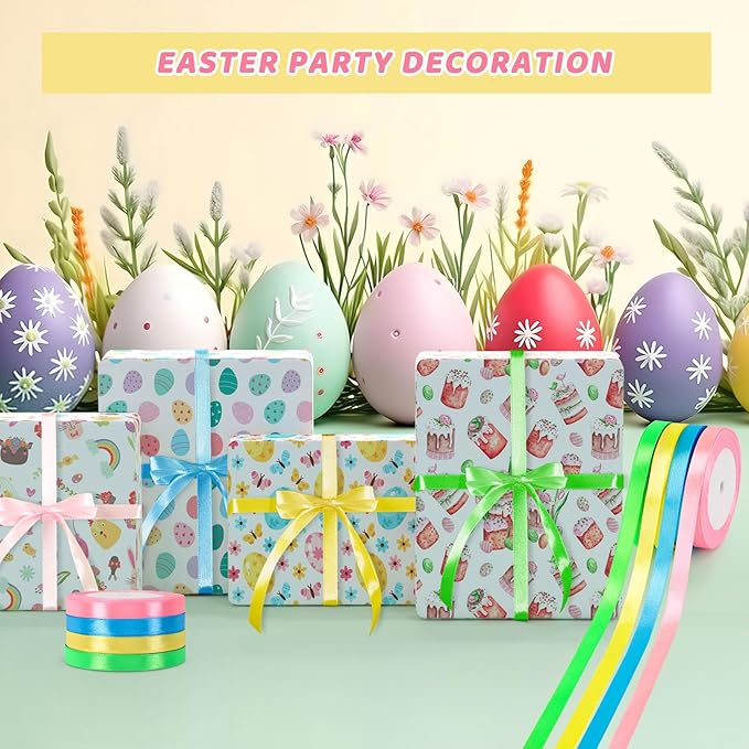 DECYOOL Easter Ribbon, 4 Rolls 100 Yards Satin Ribbons 10mm Wide Spring Colorful Craft Ribbon for Gift Wrapping Parties, Pink, Blue, Yellow, Green