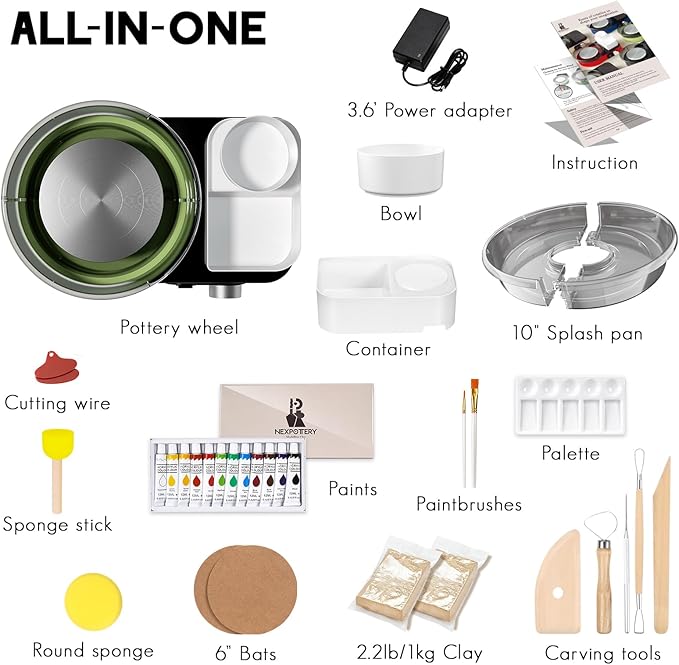 Pottery Wheel for Adults - Complete Pottery Tools Kit for Beginners, 6" Turntable Two-Way Rotation Adjustable Speed, 2.2 lbs. Air Dry Clay, Mini Clay Making Pottery Wheel with Storage Design (Green)