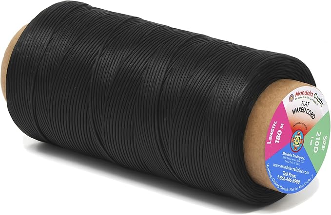 Mandala Crafts Black Flat Waxed Thread for Leather Sewing - 197 Yds 210D 1mm Polyester Leather Thread String Waxed Cord for Leatherwork, Beading, Bookbinding, Hand Stitching