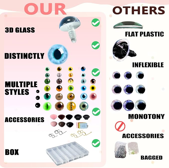 CSCHENGO 8-20mm 253 PCS Amigurum Safety Eyes for Crochet Animals, 3D Glitter Glass Eyes for Crafts Kit with Noses/Glasses/Leather Tags,Doll Crochet DIY Crafts Stuffed Animals Toy Making Supplies