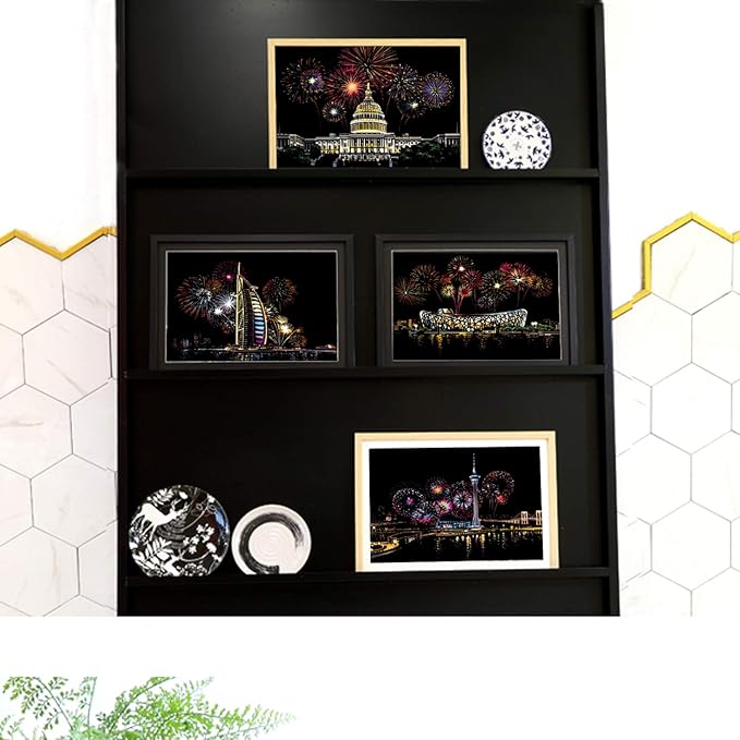 Scratch Painting Rainbow Paper by BOTEEN, Sketch DIY Art Craft City Series Night View Creative Gift, Scratchboard for Adults and Kids ,Craft Kits with 4 Tools (A4- 4pack）