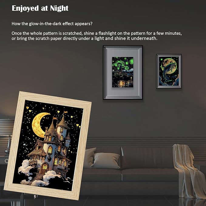 Scratchboard Art for Adult Luminous Scratch Painting Kits, A5 Scratch Art Rainbow Painting Paper 8 Sheet with 4 Tools, Scratchboard for Teens & Adults, Fun Creative Craft Toy/Gifts/Decor, Dreams