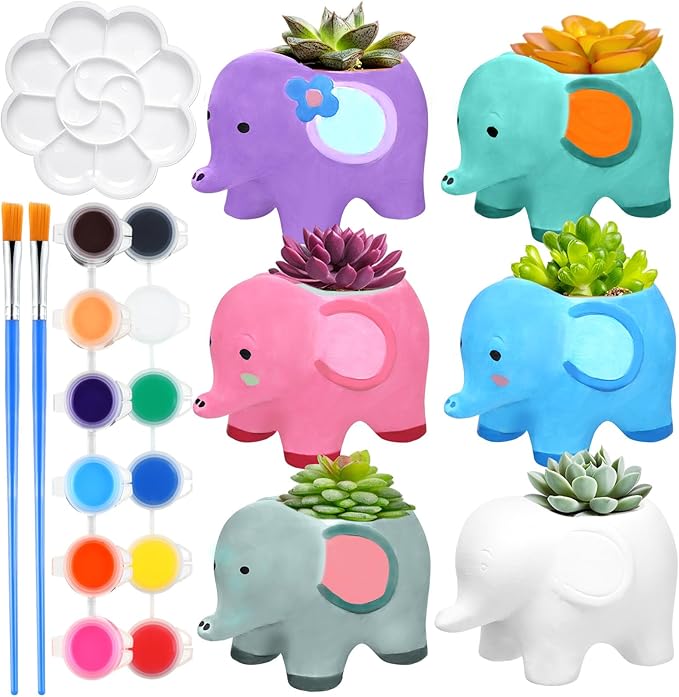 Pasimy 6 Set DIY Ceramic Succulent Planter Pots Paint Your Own Flower Pots Craft Kit Unpainted Bisque Paintable Flowerpot with Brush Palette Ready to Paint for Family Activity Gift(Elephant)
