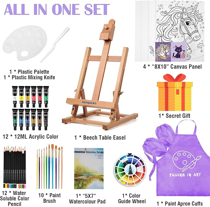 Falling in Art 46 Pcs Acrylic Paint Set with Table Easel, Art Painting Kit with Acrylic Paints, Canvas Panels, Paintbrushes, Canvas Supplies Kit for Kids, Adults, Beginners, and Artists, Purple