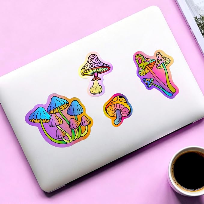 100 Pack Holographic Mushroom Stickers for Laptop Water Bottles Scrapbook, Mushroom Party Favors