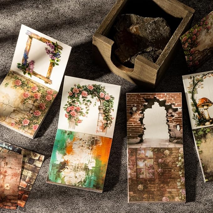 6 Small Scrapbook Sticker Books for Scrapbooking, 180 Sheets Retro Brick Wall Collage Materials- Paper PET Washi Stickers for Journaling, Junk Journal Supplies, Collage, Crafts