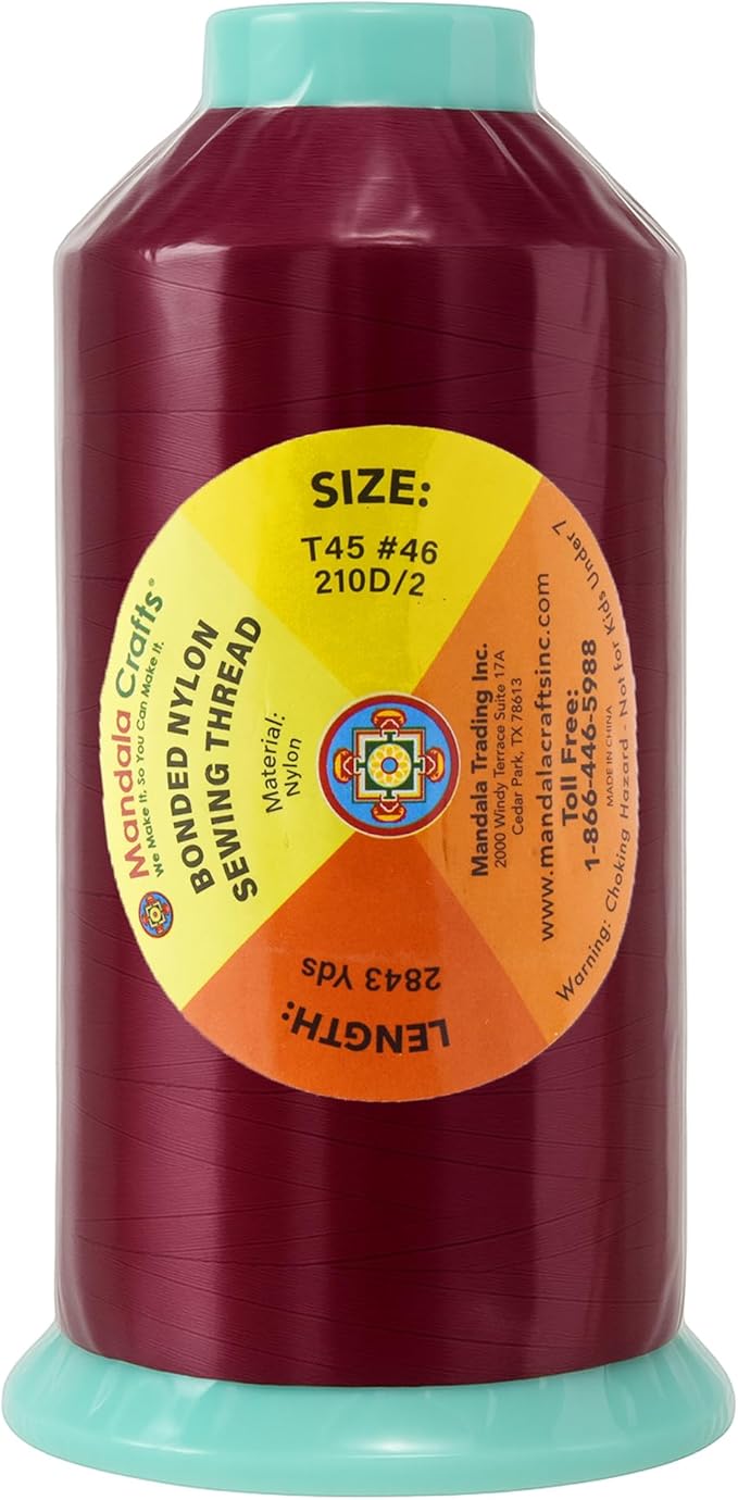 Mandala Crafts Bonded Nylon Thread Burgundy Heavy Duty Sewing Threads - 2843 YDs Size 46 210D T45 Tex 45 Thread for Leather Jeans Weaving Outdoor Marine Upholstery Threads