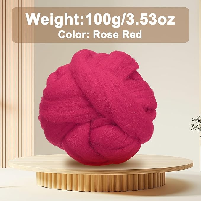 uxcell 3.53oz Wool Roving Yarn, Needle Felting Wool Fiber DIY Craft Needle Wet Felting Supplies for Blending Weaving Handcrafts, Rose Red