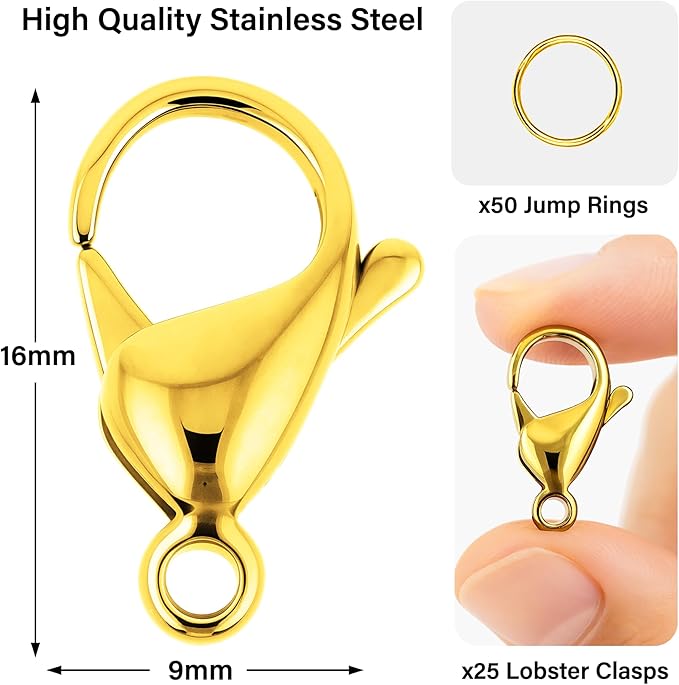 Mandala Crafts 16mm Gold Color Stainless Steel Lobster Clasps for Jewelry Making - 25 PCs SS Lobster Claw Clasps with Jump Rings Jewelry Findings Kit for Necklaces Bracelets Charms Fasteners