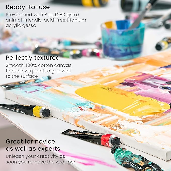 ARTEZA Stretched Canvas, 16 x 20 Inches, Pack of 6, Blank White Large Canvas for Painting for Acrylic, Oil and Gouache Paints