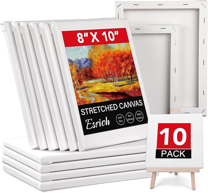 ESRICH Stretched Canvases for Painting 8x10, 10 Pack 8x10 Canvas Value Pack,Primed Acid-Free Cotton Blank Canvas, Paint Canvases for Oil & Acrylic Paint.