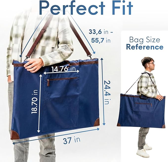 Large 24 x 36 inches Art Portfolio Bag, Fits ARCH D Blueprints, Posters & Art Prints, Waterproof Artist Case with Shoulder Strap, Durable Blue Carrying Tote for Architects, Designers & Students