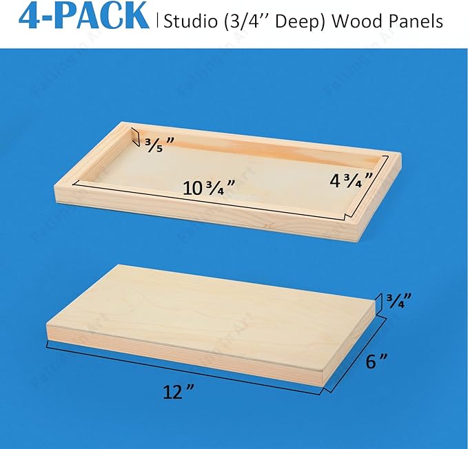 Falling in Art Unfinished Birch Wood Panels Kit for Painting, Wooden Canvas 4 Pack of 6x12’’ Studio 3/4’’ Deep, Cradle Boards for Pouring, Art, Crafts, Burning and More