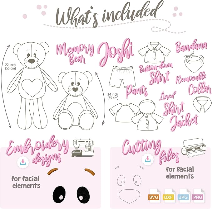 kullaloo Memory Bear Sewing Pattern – Stuffed Teddy Bear Plush Toy with Removable Collar, Shirt & Jacket | Memorial Bear Template with QR Video Tutorials, PES & SVG Files | Designed in Canada
