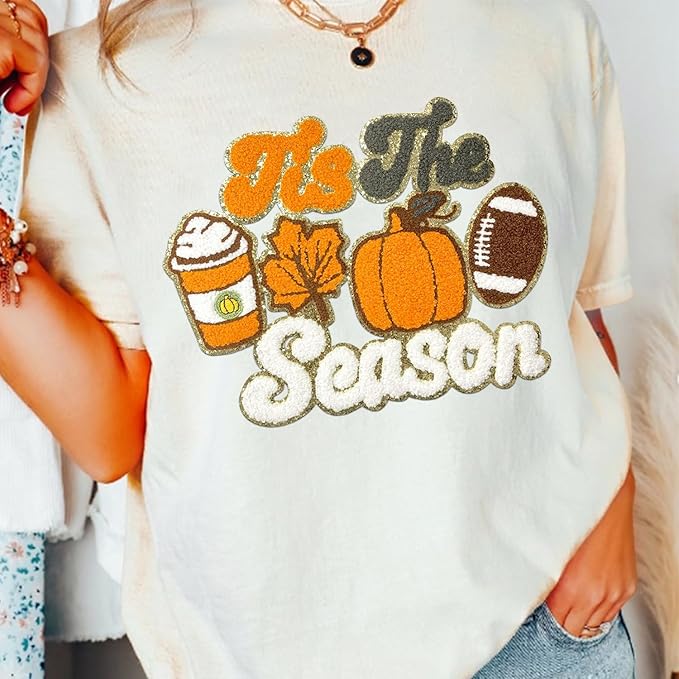 Fall Iron on Patches Pumpkin Maple Leaves Plaid Chenille Embroidery Sew on Stickers Applique for DIY Crafts T Shirt Clothing Jackets Backpacks Jeans Autumn Halloween Party Decorations Accessories