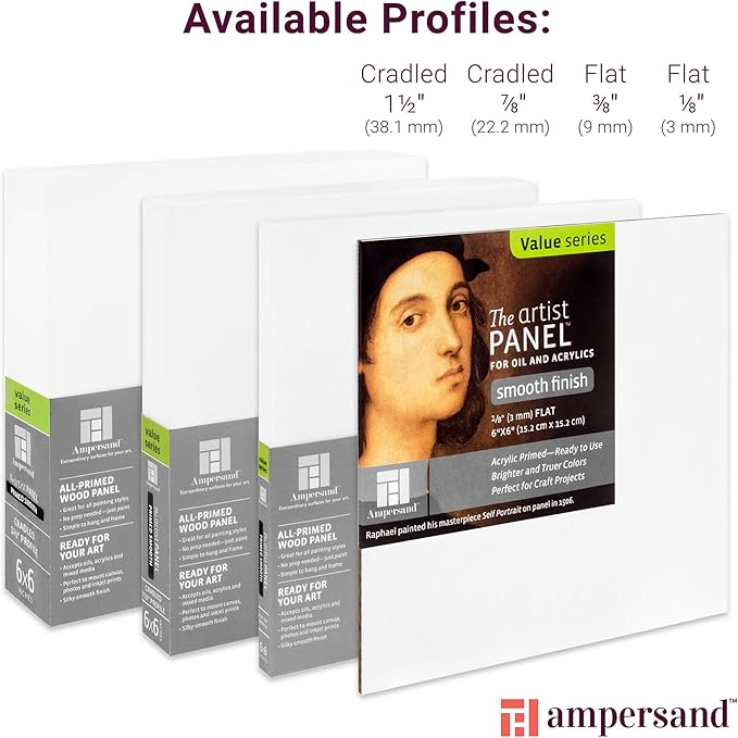 Ampersand Art Supply Wood Gesso Artist Painting Panel: Primed Smooth, 8" x 8", 7/8" Cradled Profile