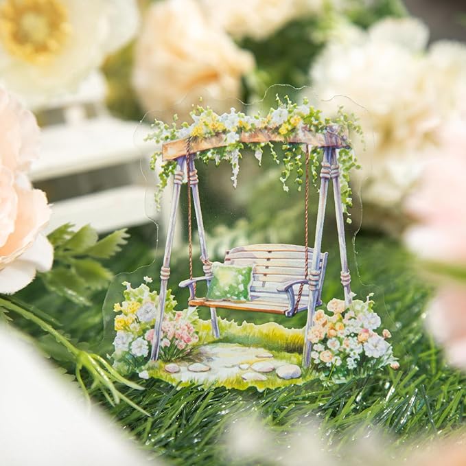 TIAMECH Swing Flower Girl PET Stickers - 60 Pcs Gentle Breeze & Chair Basket Swaying Design, Waterproof Sticker for Journaling & Scrapbooking, Junk Journal Supplies, Ephemera & DIY Crafts