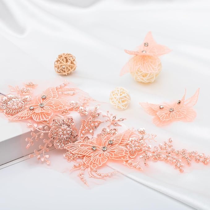 Flower Pearl Fabric Rhinestones Beaded Lace Applique,3D Butterfly Embroidered Lace Patch for Clothes,Dress (Orange)
