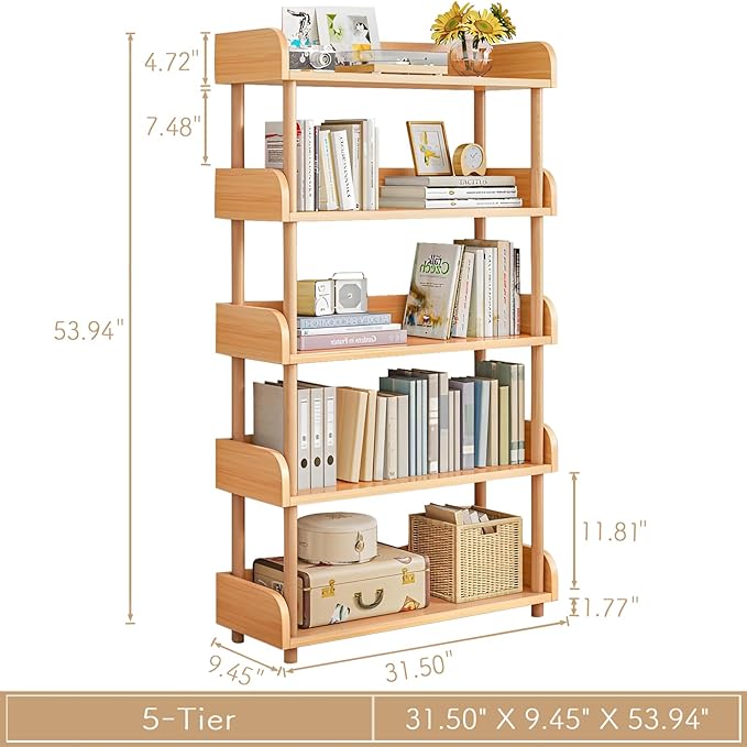 5-Tier Wooden Open Bookcase - Modern Display Bookshelf with Top Edge and Solid Wood Frame for Home and Office, Storage Cabinet, Oak