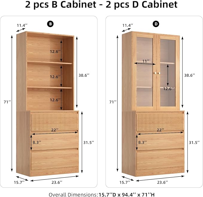 TUSY 71'' Freestanding Tall Storage Cabinet, 5 Tier Wood Bookcase with 3 Drawers and 2 Tempered Glass Doors (DBBD)