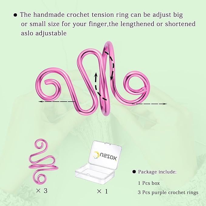 Juszok 3Pcs Handmade Crochet Tension Ring, Crochet Ring for Finger Crocheting，Yarn Tension Control Ring, Adjustable Companion Knitting Ring with Box Gifts for Crocheters Knitters Women (Purple)
