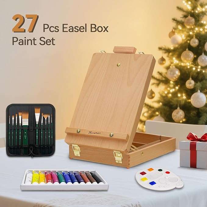 Deluxe Art Supplies 27 Pieces Art Set with Tabletop Easel, 12 Colors Acrylic Paint, 10 Paint Brushes, 3 Canvas Panels, Palettes