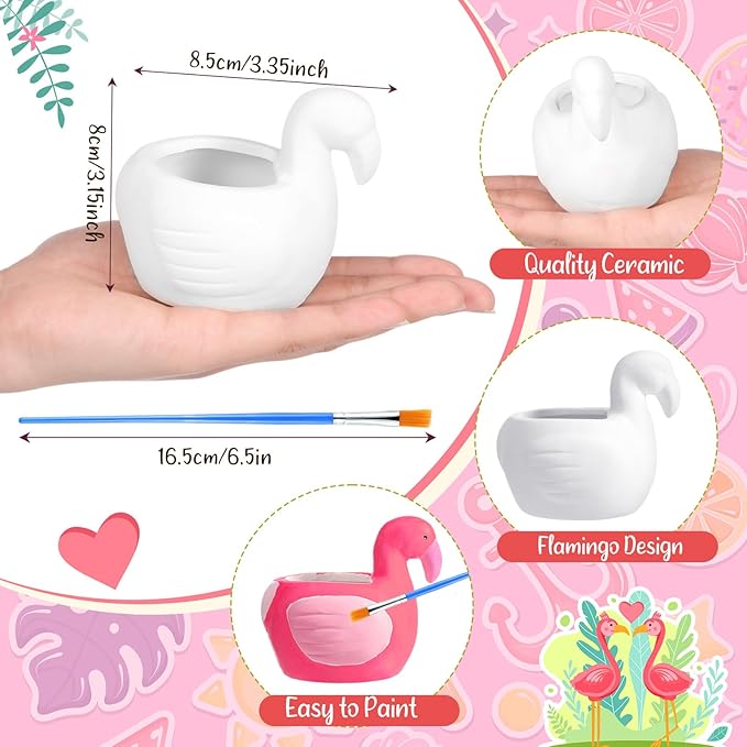 Pasimy 6 Set DIY Ceramic Succulent Planter Pots Paint Your Own Flower Pots Craft Kit Unpainted Bisque Paintable Flowerpot with Brush Palette Ready to Paint for Family Activity Gift (Flamingo)