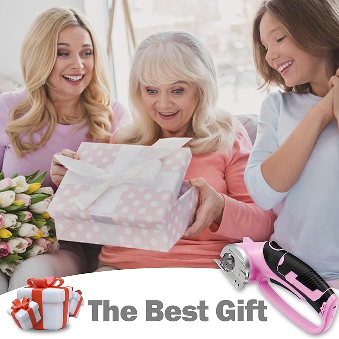 Cordless Electric Scissors, 4V Box Cutter & Cardboard Cutter with Upgrade Blade, LED Light, Safety Lock - Rechargeable Rotary Cutter for Fabric, Leather, Plastic, Crafting, Sewing, Industrial (Pink)