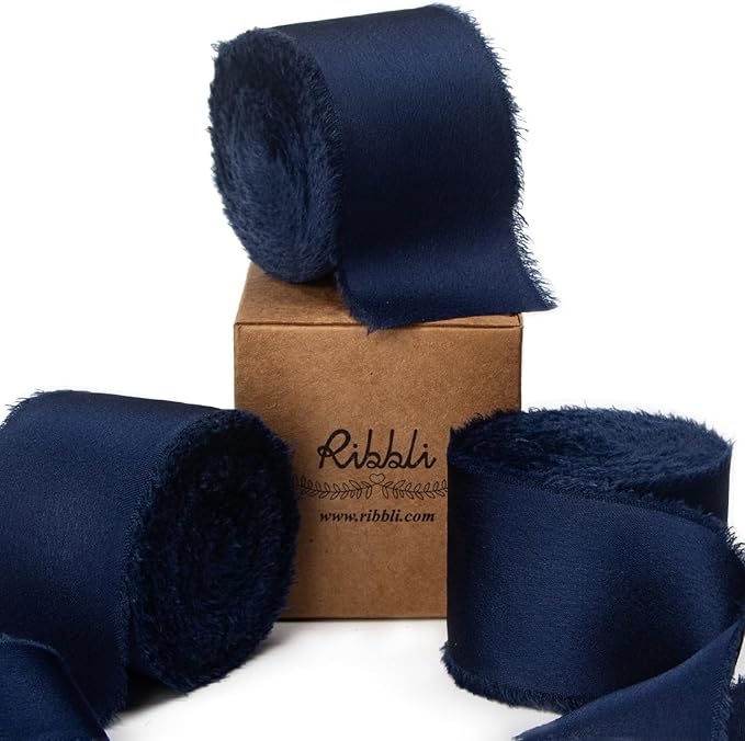 Ribbli Navy Blue Silk Satin Ribbon 1.5 Inch x 30 Yard Handmade Frayed Chiffon Navy Ribbon for Gift Wrapping Wedding Invitations Bridal Bouquets Home Decor