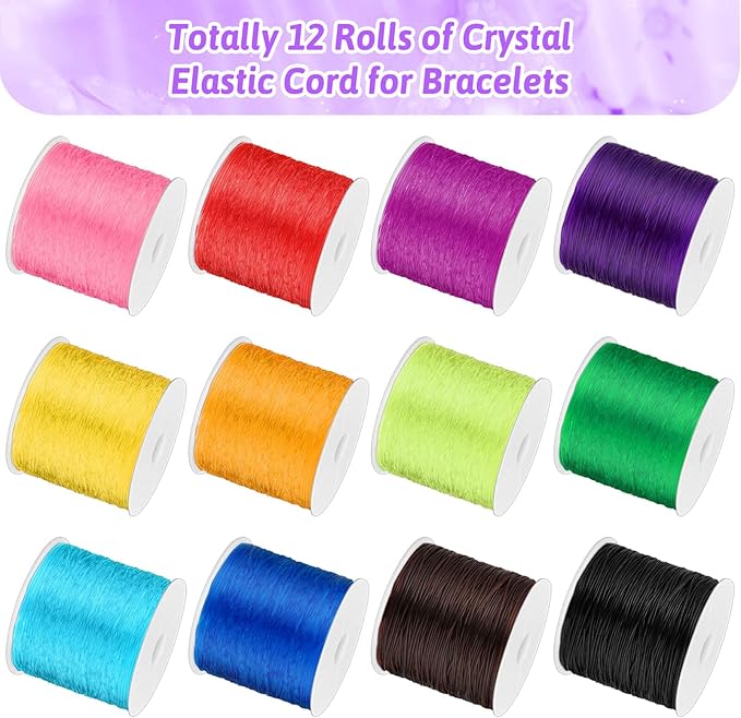 PAXCOO 12 Rolls Elastic Crystal Tec String for Bracelets, 0.8 MM Stretch Bead String Cord Jewelry Thread for Bracelets, Necklaces, Clay Beads, Pony Beads (Multiple Colors)