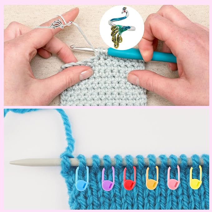 LBU 4Pcs Crochet Ring + 60Pcs Stitch Markers Adjustable Crochet Tension Rings for Finger Yarn Tension Guide Rings Crocheting Knitting Accessories with Box Gifts for Crocheters Knitters(Peacock)