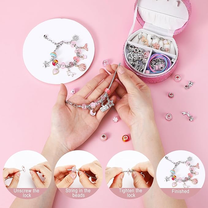 Emibele Girls Charm Beads Bracelet Making Kit with Portable Jewelry Box, Jewelry Making Kit for Kids Age 5 6 7 8-12, DIY Arts Crafts Toys for Teens Girls Gift Choices on Birthday Valentines Christmas