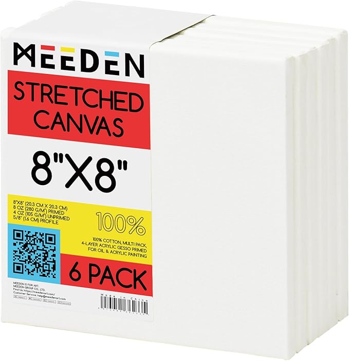 MEEDEN Stretched Canvas, 8 × 8 Inch, Pack of 6, Blank White Canvases for Painting, 100% Cotton, 8 oz Gesso-Primed, Pre-Stretched Canvas for Acrylic Oil Pouring & Airbrushing Painting
