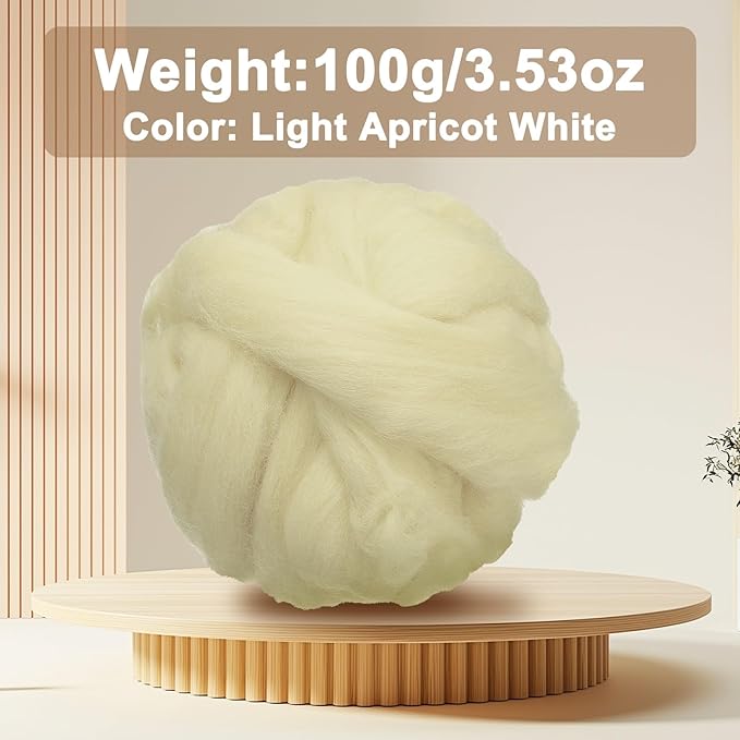 uxcell 3.53oz Wool Roving Yarn, Needle Felting Wool Fiber DIY Craft Needle Wet Felting Supplies for Blending Weaving Handcrafts, Light Apricot White