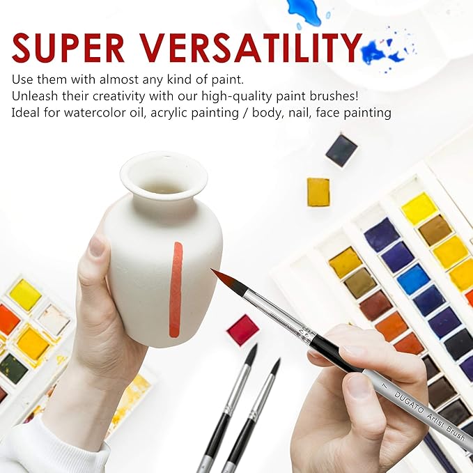 DUGATO Artist Paint Brush Set (10 Sizes) - Fine Tip Round Synthetic Brushes for Watercolor, Acrylic, Gouache, Oil Painting & Crafts - Professional Quality Art Supplies